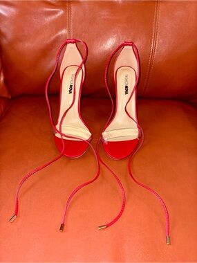Fashion Nova Red Lace-Up Clear Strap Heels